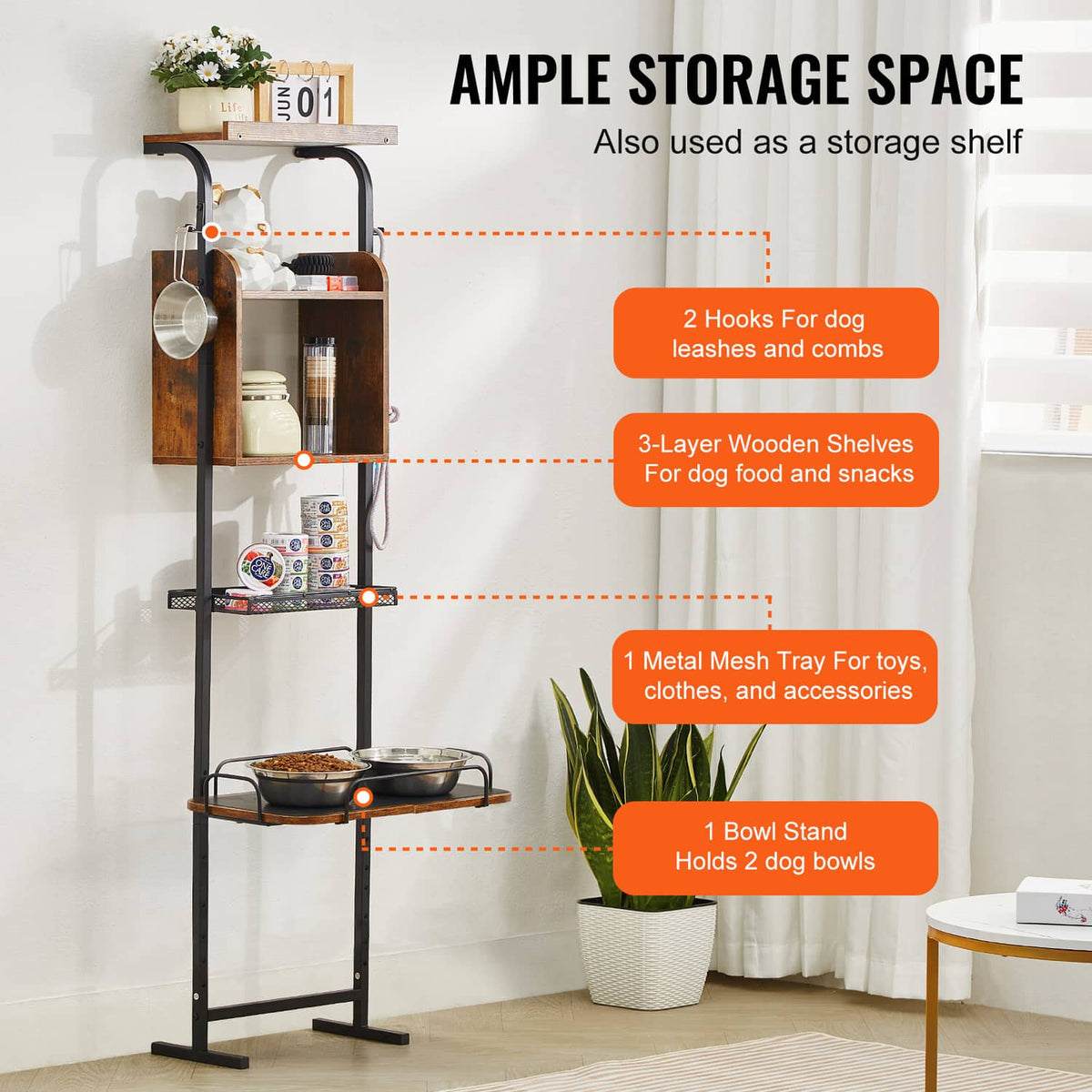Dog feeding station with hooks, layered wooden shelves, metal mesh tray, and raised bowl stand