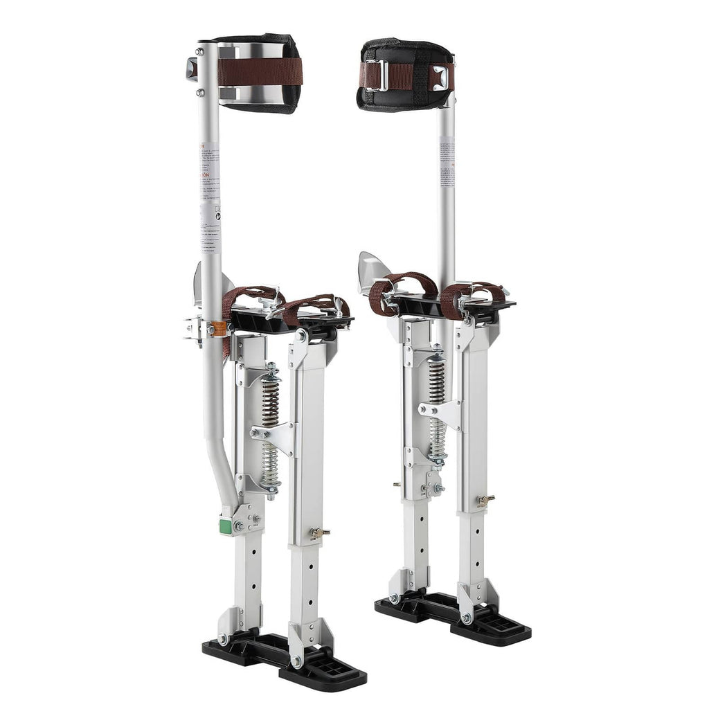 Adjustable drywall stilts with padded calf braces and locking height bars