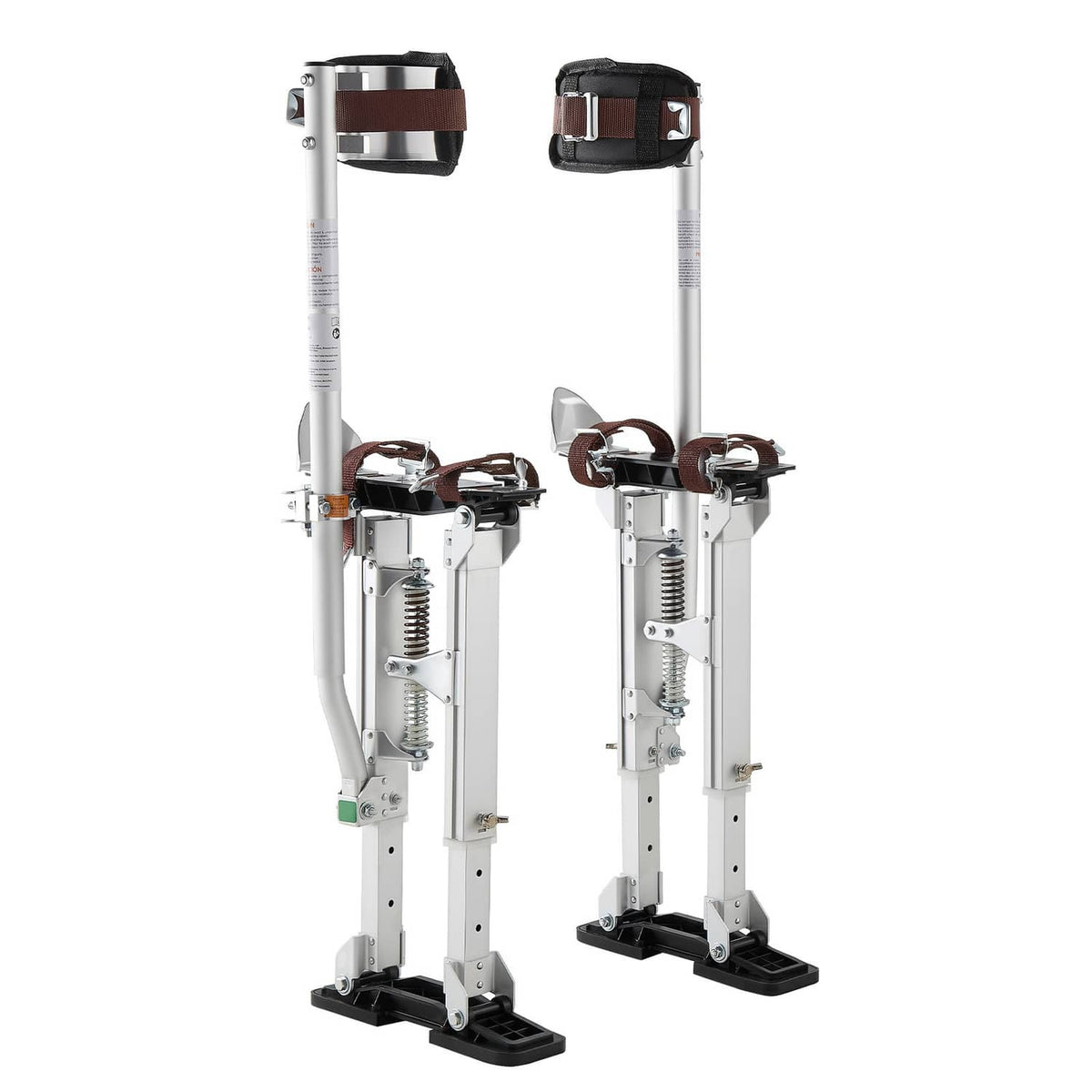 Adjustable drywall stilts with padded calf braces and locking height bars