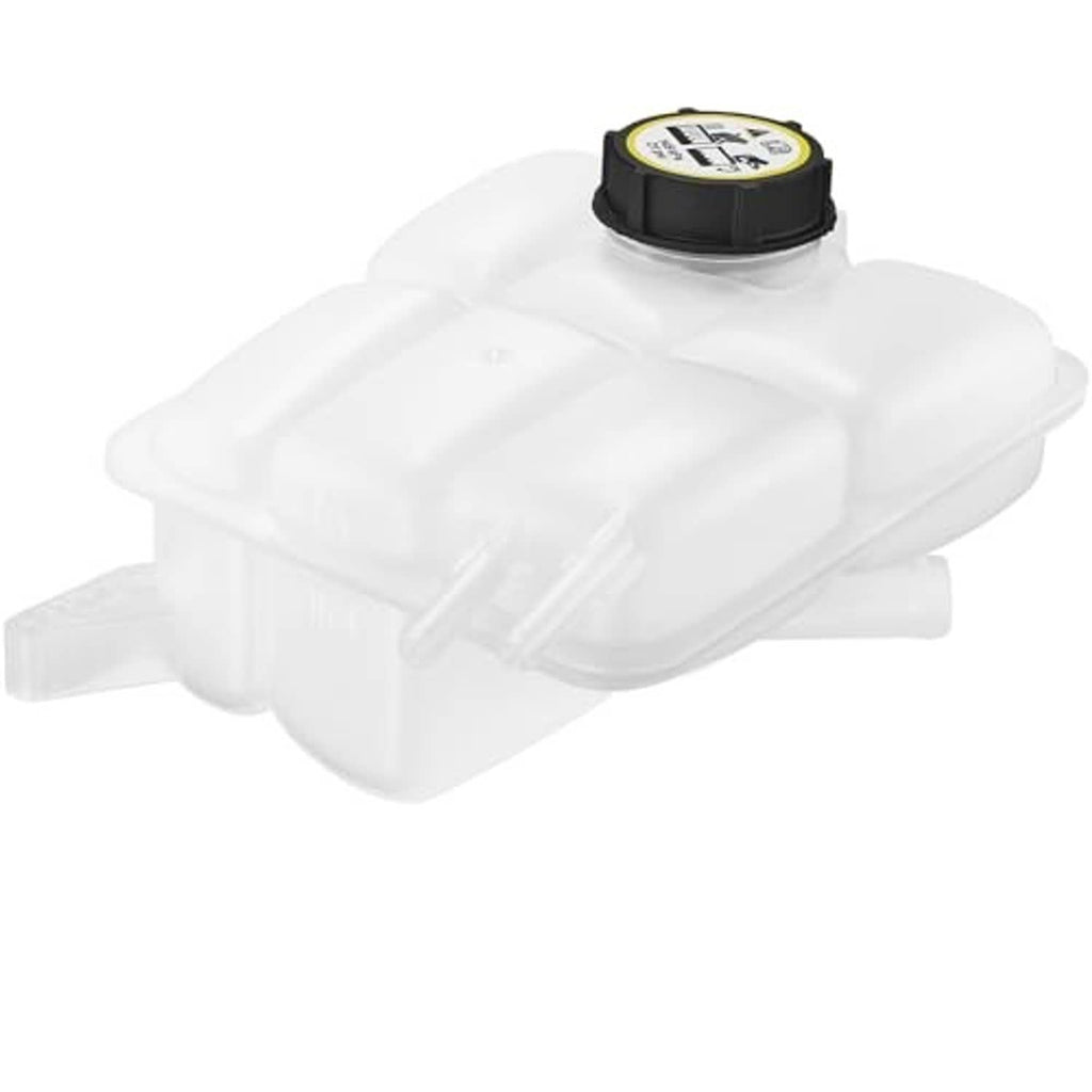 Coolant reservoir tank, white with black fill cap and side outlet