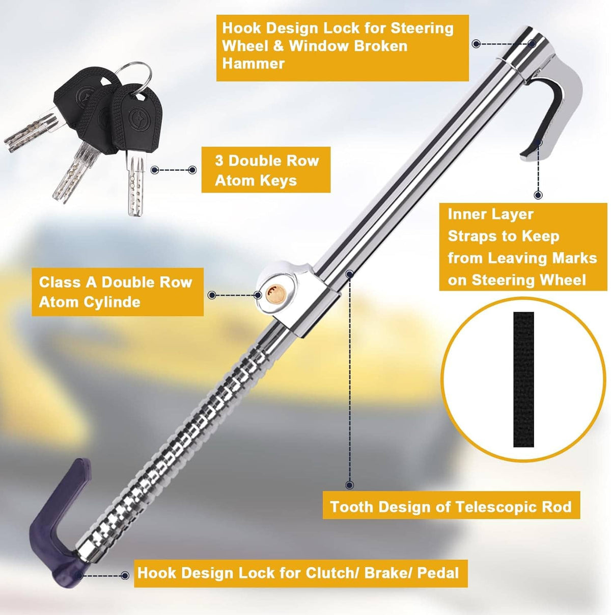 Steering wheel brake lock with telescopic toothed rod, inner straps, and keys