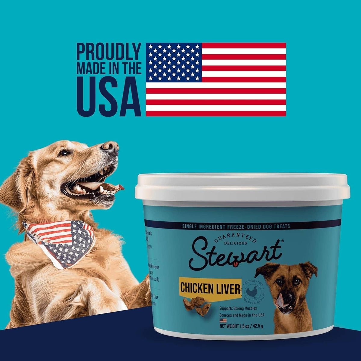 Chicken liver freeze-dried dog treats tub with dog and Made in USA badge