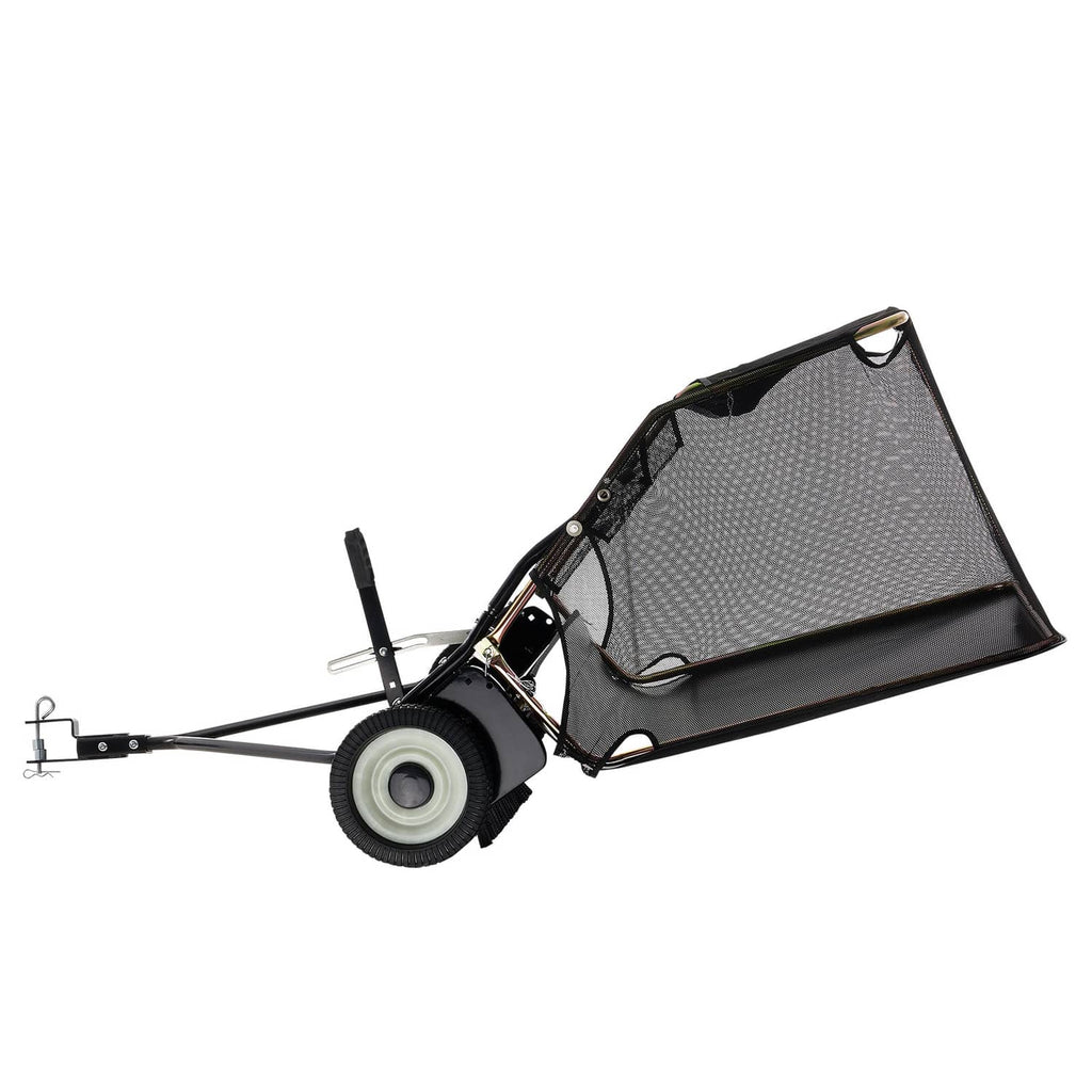 Tow-behind lawn sweeper with mesh hopper and single front guide wheel