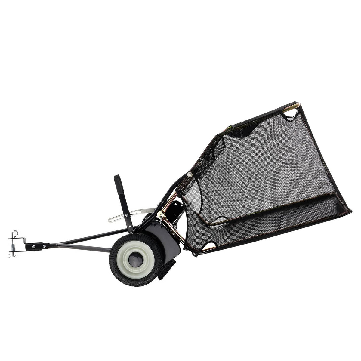 Tow-behind lawn sweeper with mesh hopper and single front guide wheel