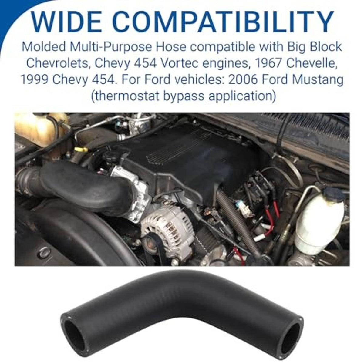 Black molded hose elbow, curved with two open ends for engine installation