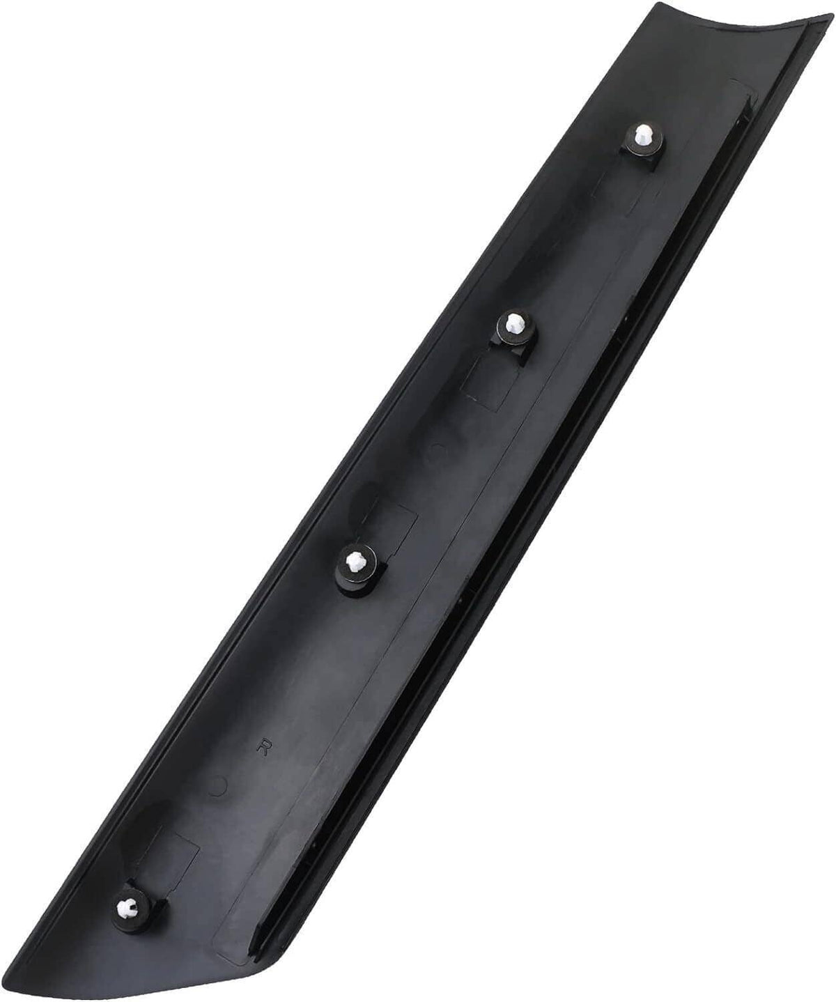 Black A-pillar windshield trim cover with four visible fasteners and mounting tabs