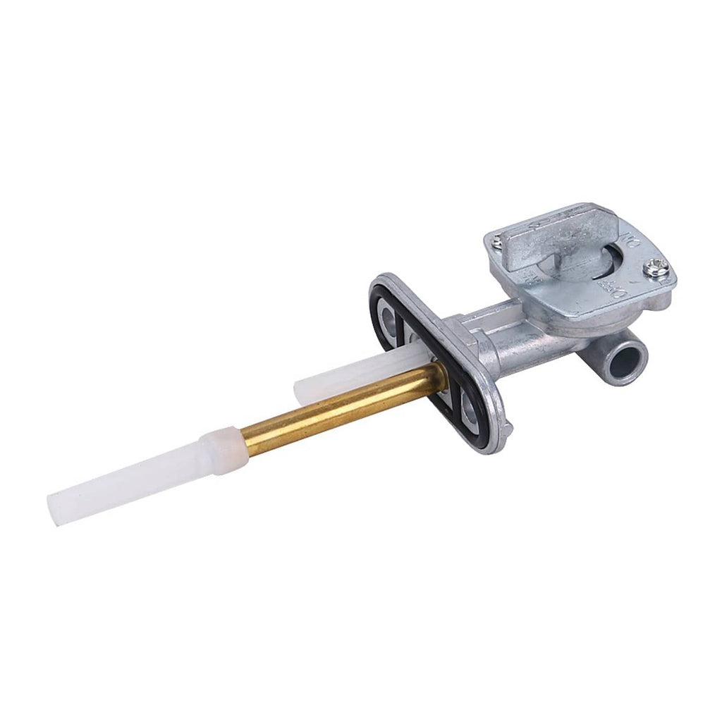 Fuel petcock valve switch assembly with brass lever and white vacuum hose, silver housing
