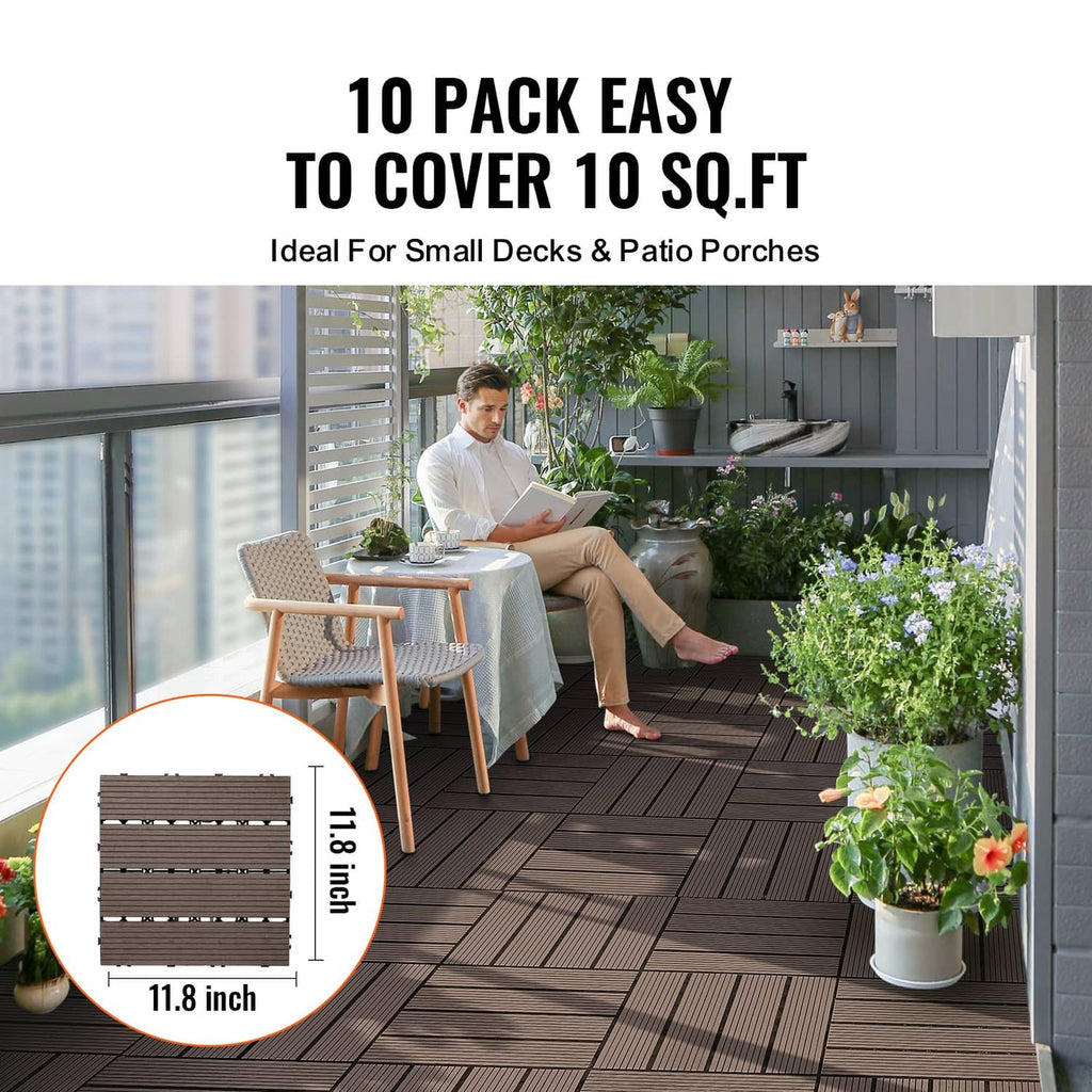 Brown interlocking deck tiles installed on a patio walkway with square seams