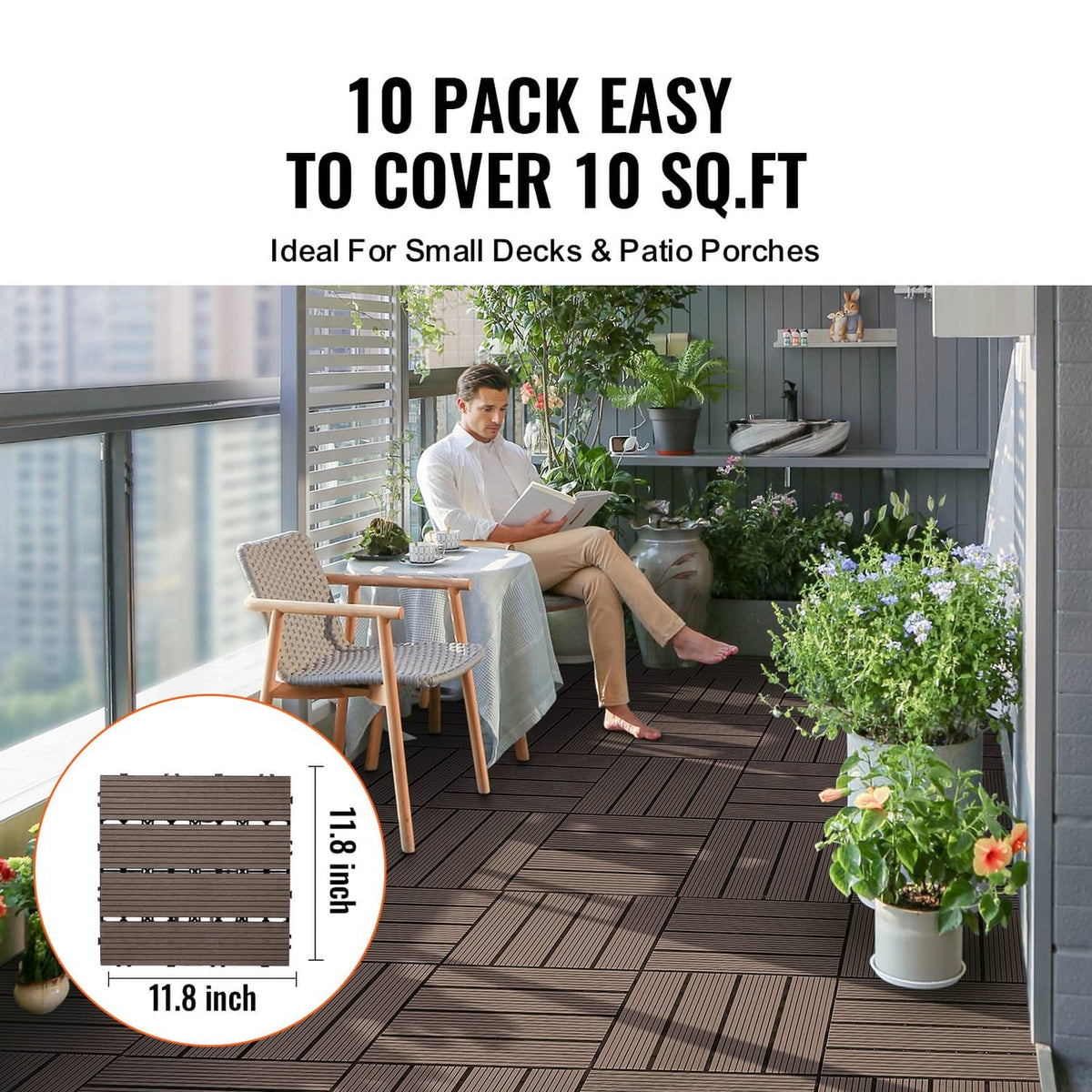 Brown interlocking deck tiles installed on a patio walkway with square seams