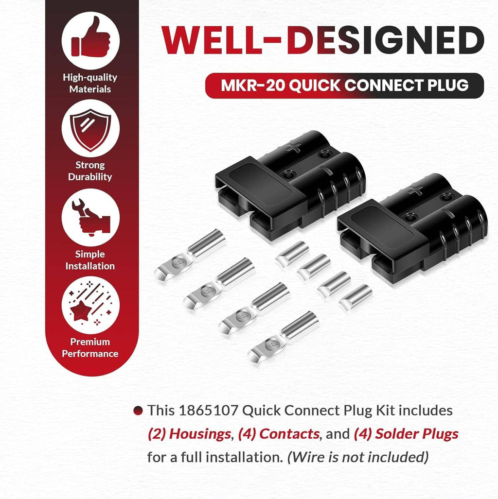 Quick connect plug kit parts: black housings, solder plugs, and metal contact pins