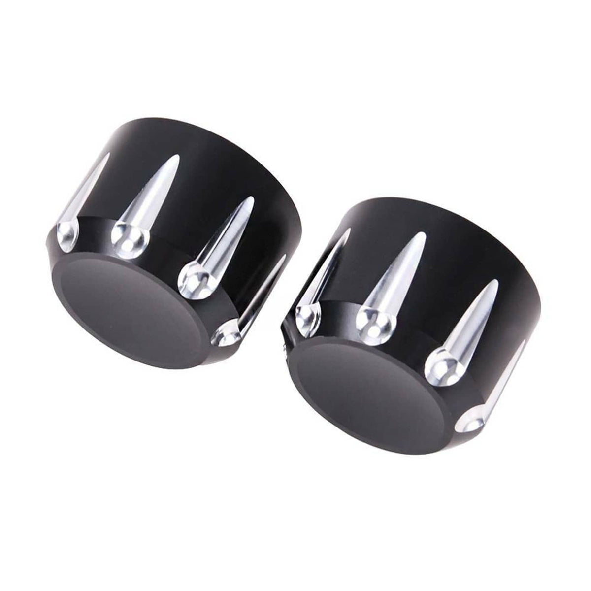 Two black axle cap nut covers with chrome spikes, angled front view