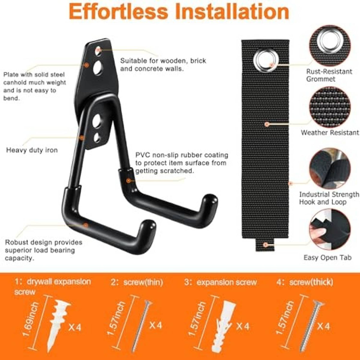 Black heavy-duty wall U hook with textured strap and square mounting plate