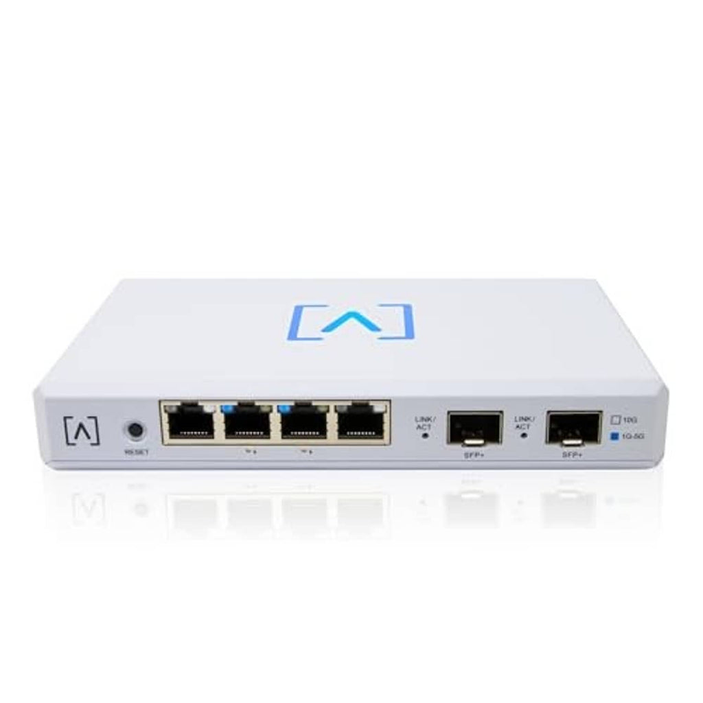 White multi-WAN router front view with RJ45 ports and SFP+ bays