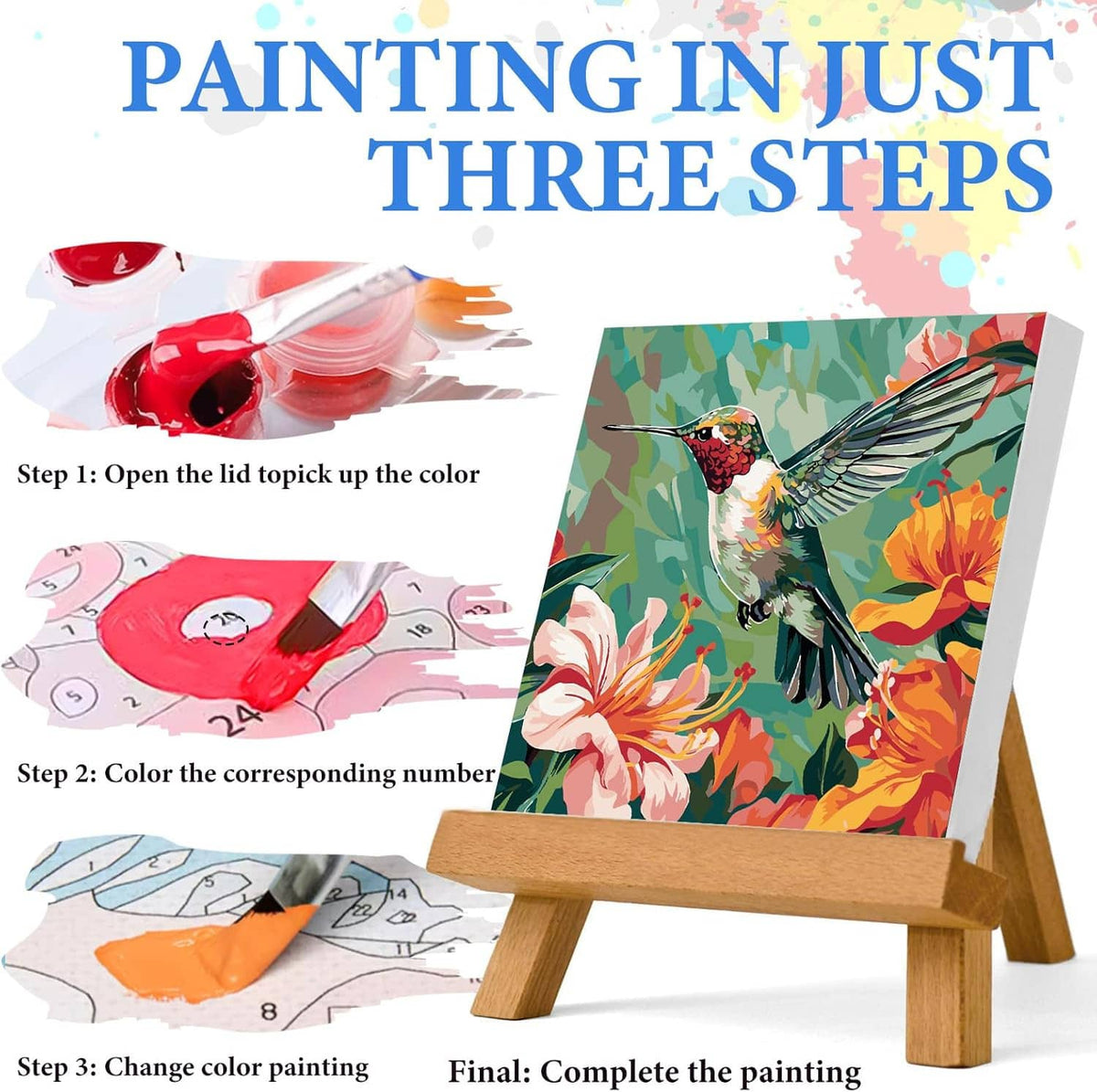Paint-by-numbers kit instruction layout showing three-step painting process