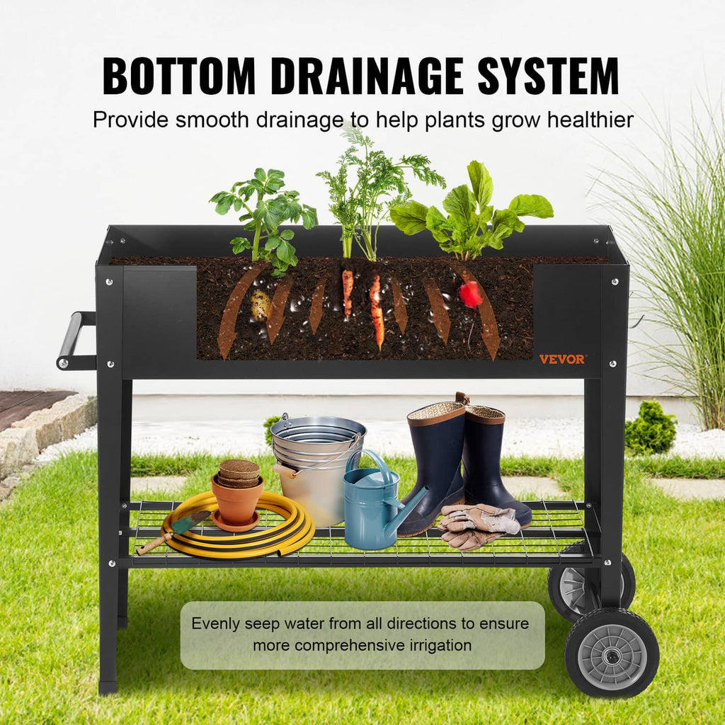 Black galvanized steel raised garden bed with bottom drainage system and lower support rack