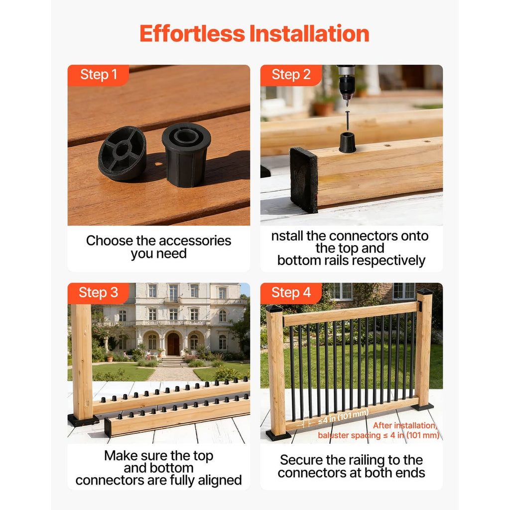 Black aluminum baluster accessories: connector sleeves and screws for railing installation