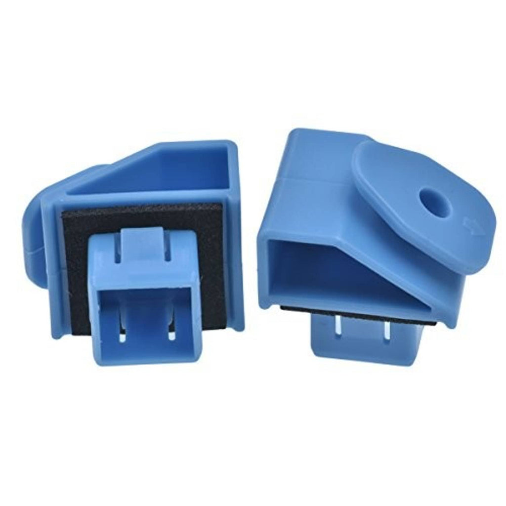 Blue plastic light clip showing mounting slot and metal pin posts