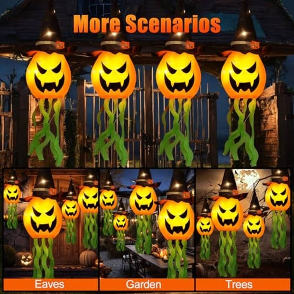 Set of glowing jack-o’-lantern hanging lights with witch hats and green tentacle streamers
