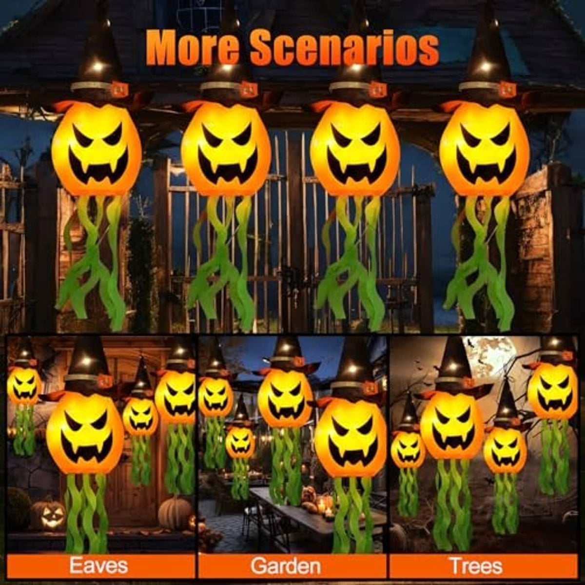 Set of glowing jack-o’-lantern hanging lights with witch hats and green tentacle streamers
