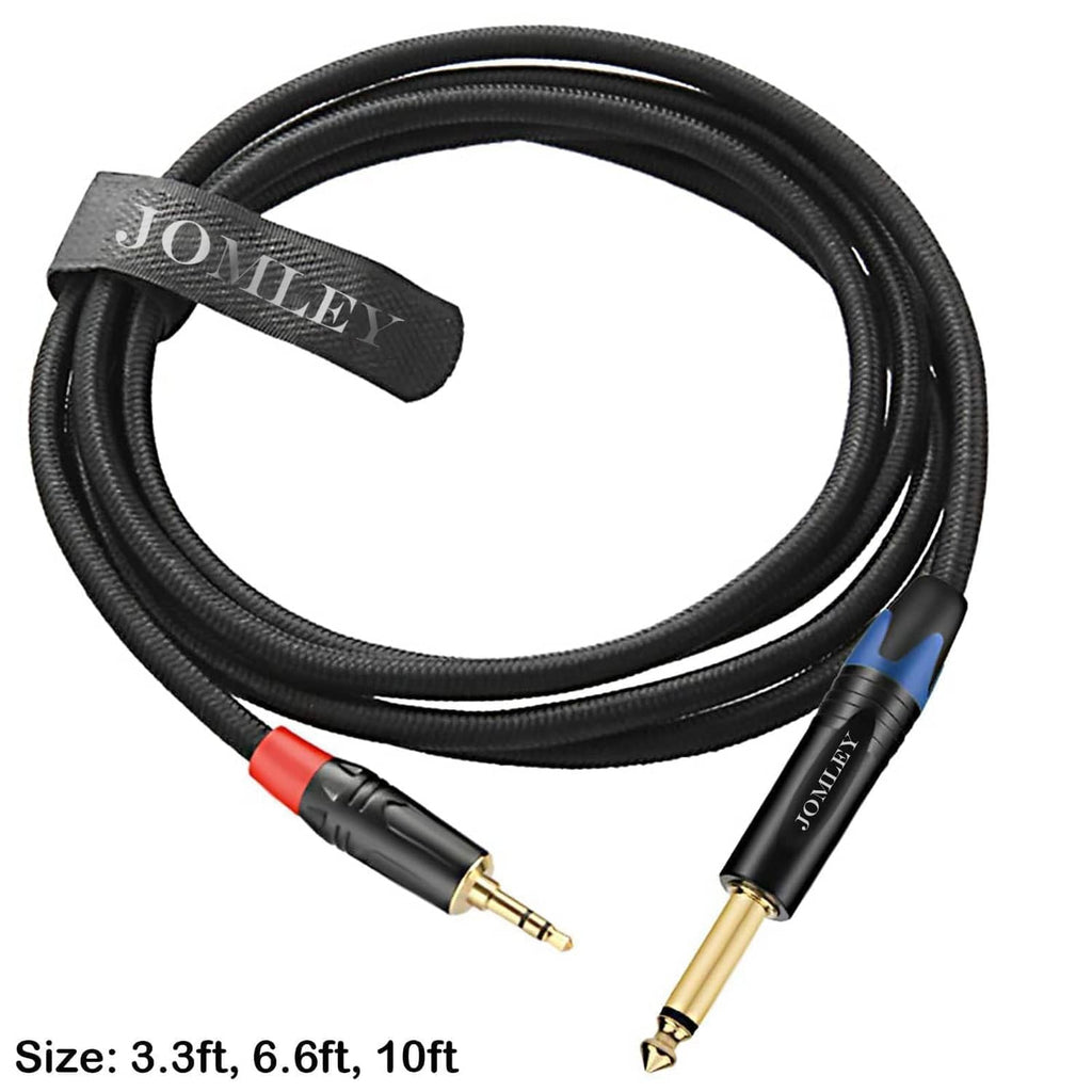 Braided 3.5mm TRS to 1/4 TS audio cable with red and blue accents