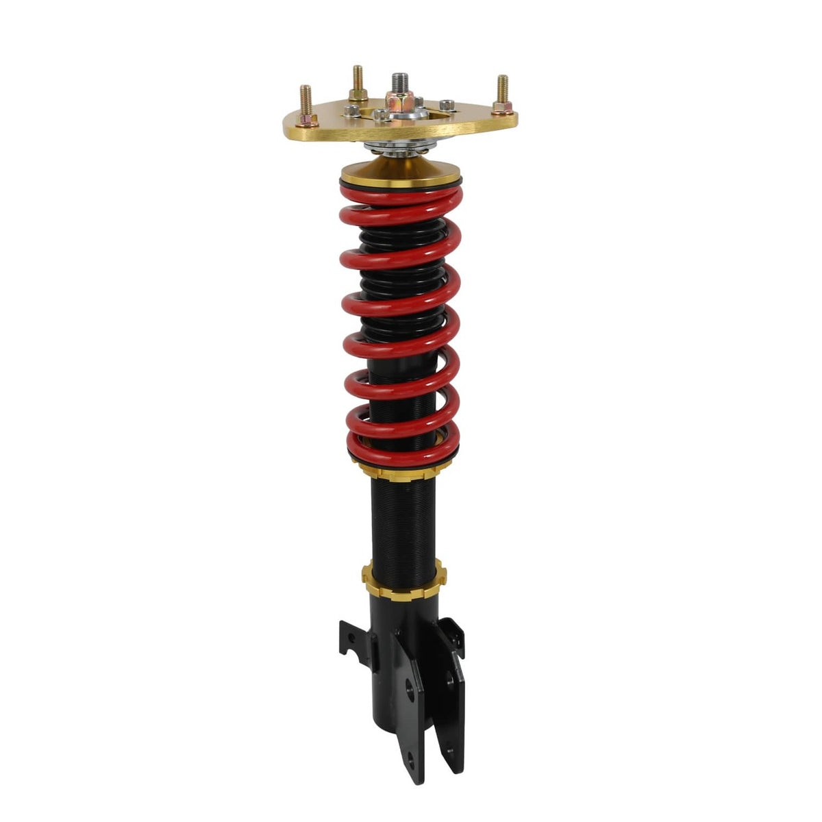 Coilover strut with red coil spring, black shock, gold top plate, and side mounting bracket
