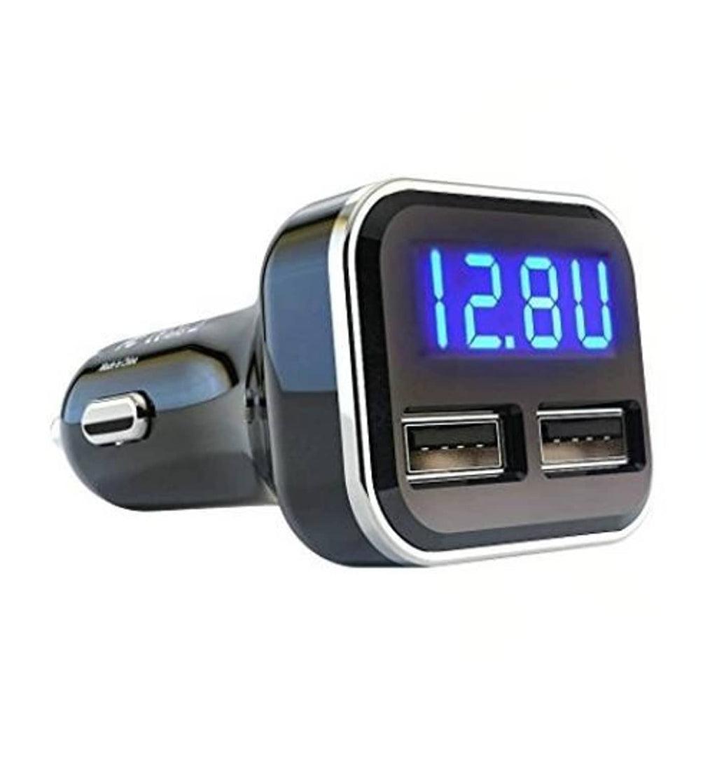Dual USB car charger with blue LED volt meter reading 12.80V and two ports