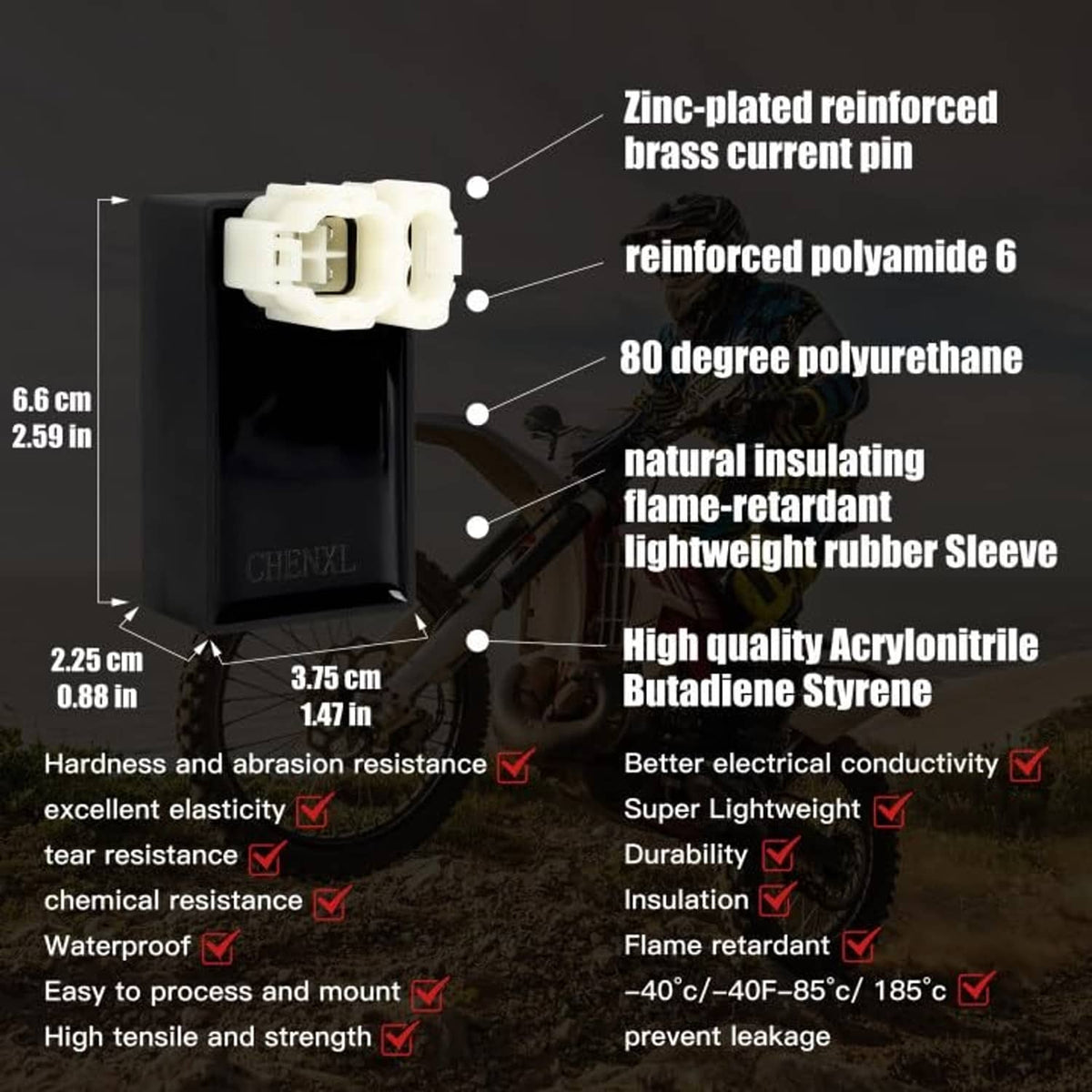 AC CDI material specifications infographic: brass current pin and reinforced insulation
