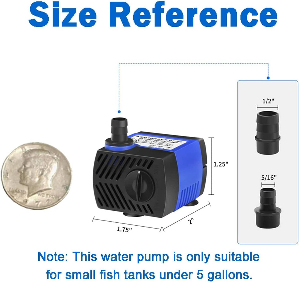 Compact submersible pump size reference diagram with measurement inset