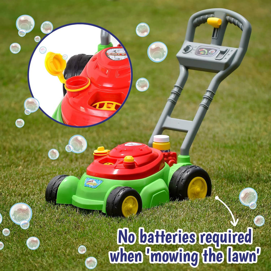 Bubble lawn mower toy with close-up of bubble bottle cap and bubbles around