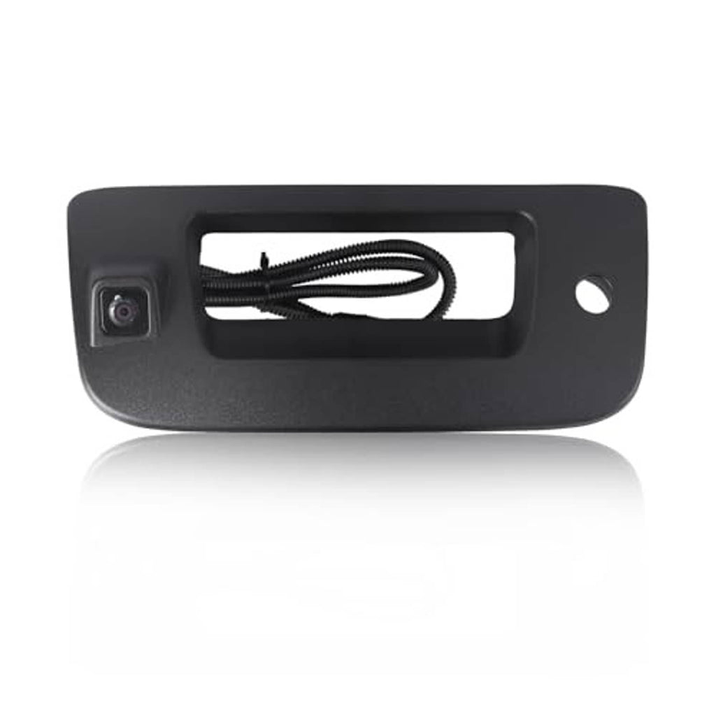 Black rear view camera tailgate handle unit with lens and cable loop