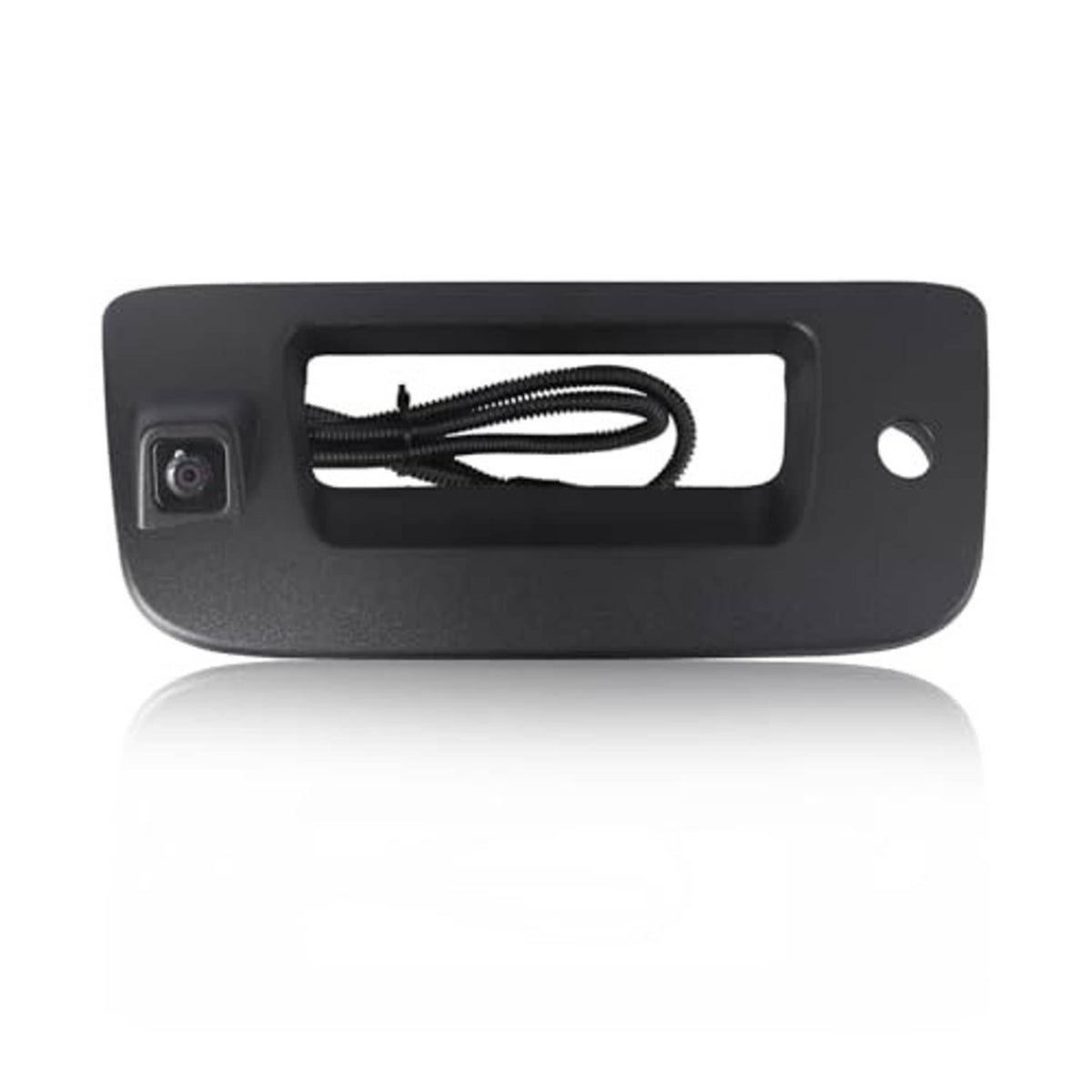 Black rear view camera tailgate handle unit with lens and cable loop