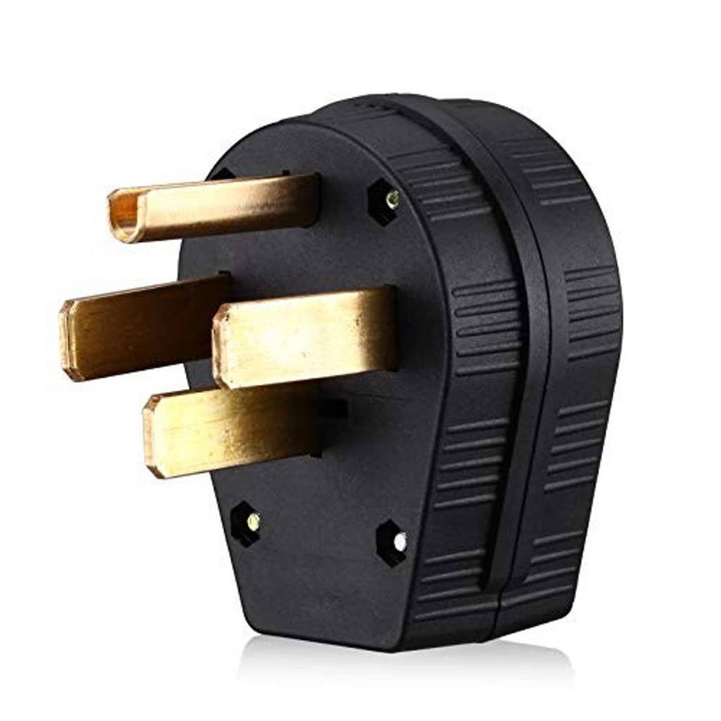 Electric dryer power plug with four brass blade terminals and ribbed black housing