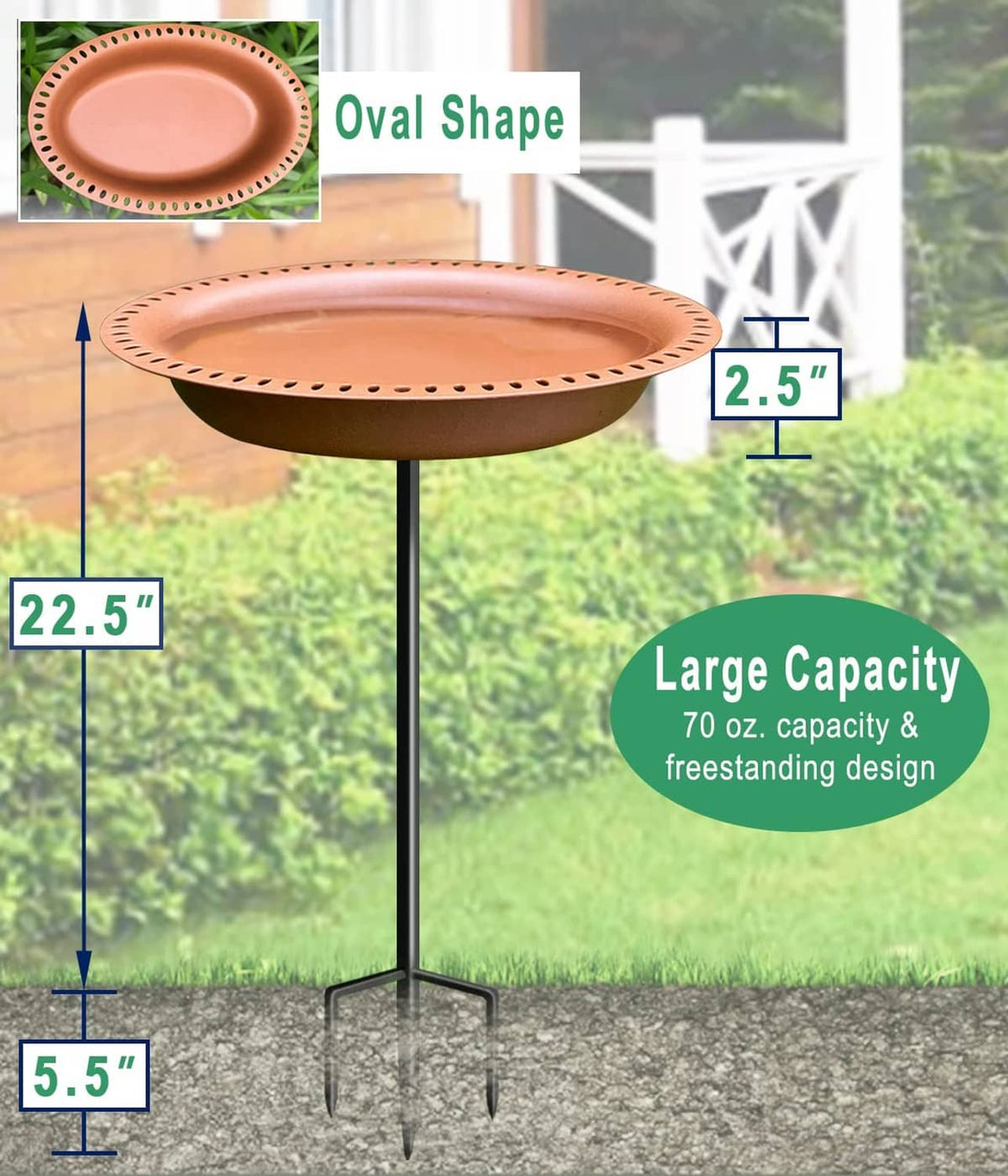 Brown oval bird bath basin on freestanding black pole base with three fork stakes.