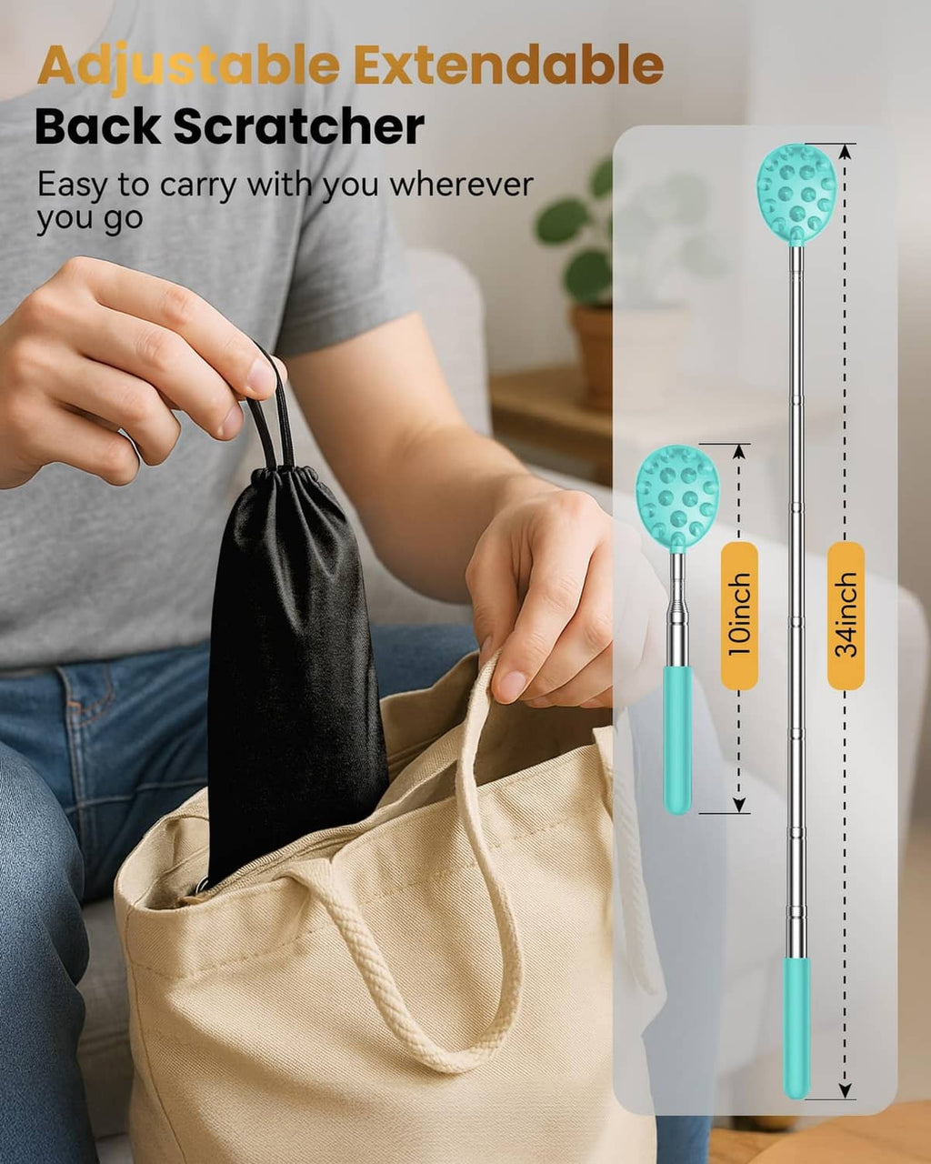 Teal adjustable telescoping back scratcher with extended chrome shaft and hanging pouch