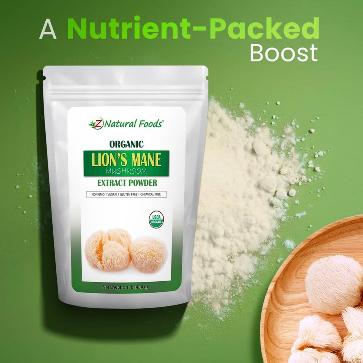 Z Natural Foods organic lion's mane mushroom extract powder pouch with loose powder