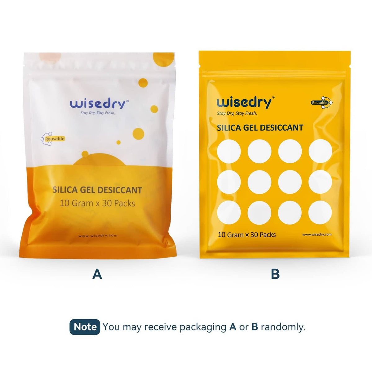 Wisedry silica gel desiccant packets in two sealed pouches, orange and white