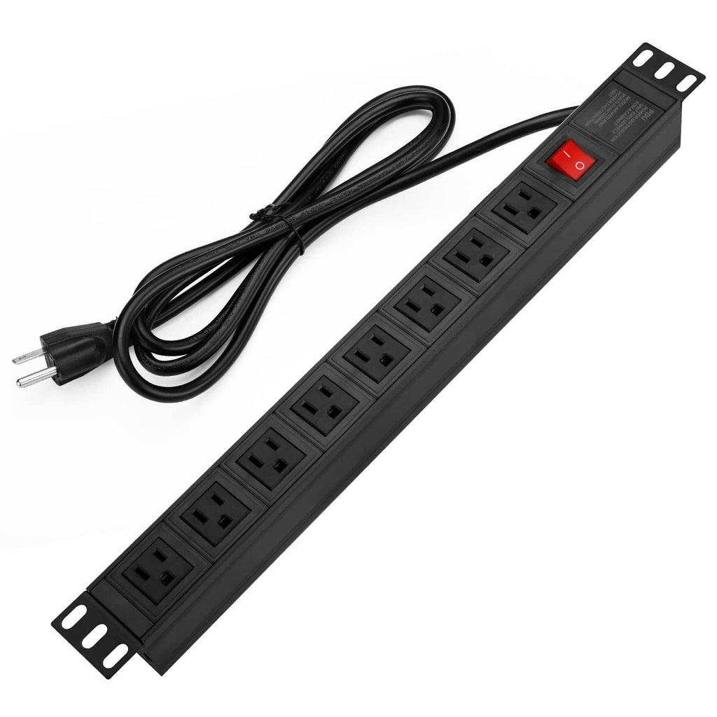 Rack-mount power strip surge protector with 8 outlets and black power cord