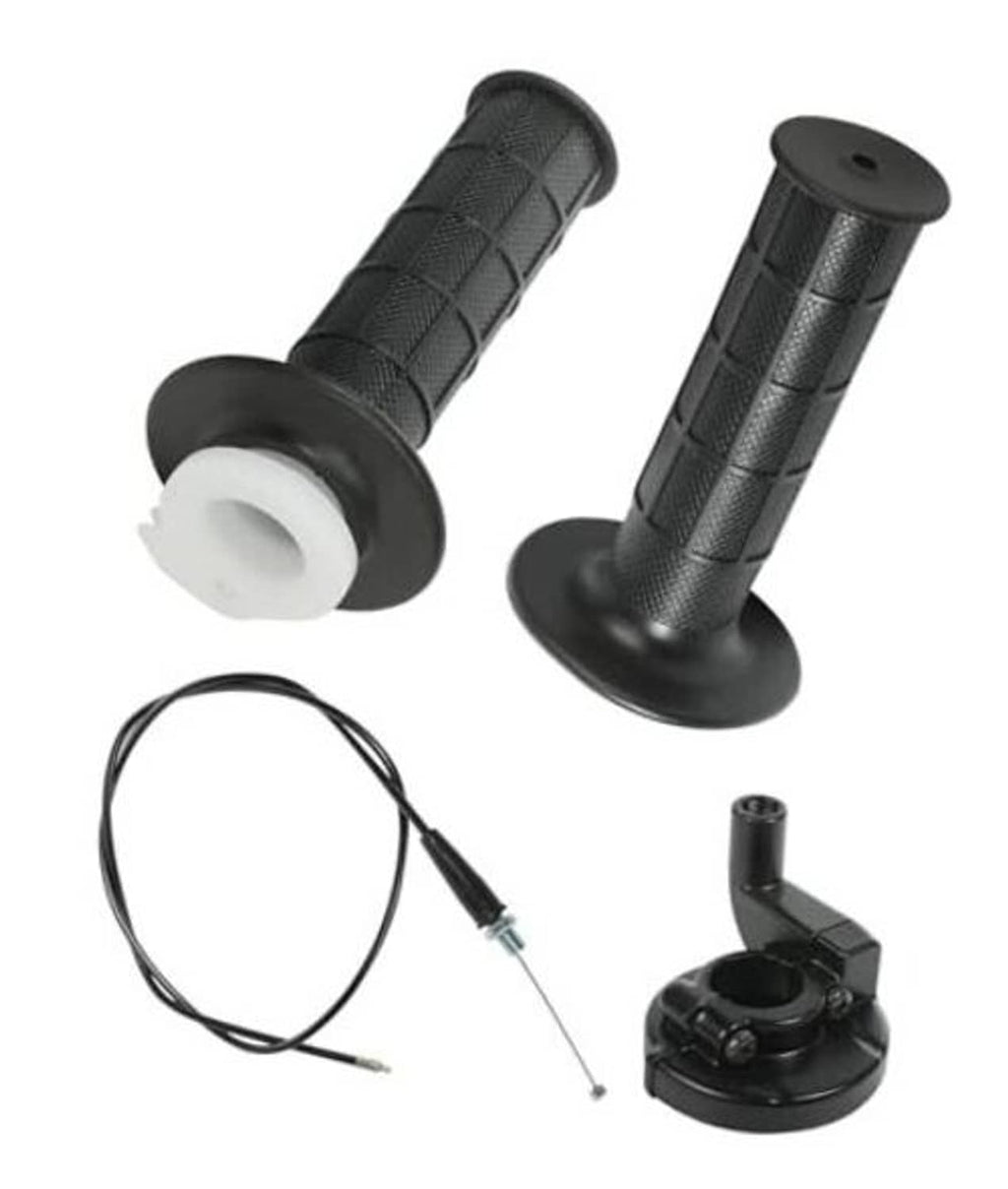Universal mini bike throttle grips with cable, black rubber handles and mounting housing