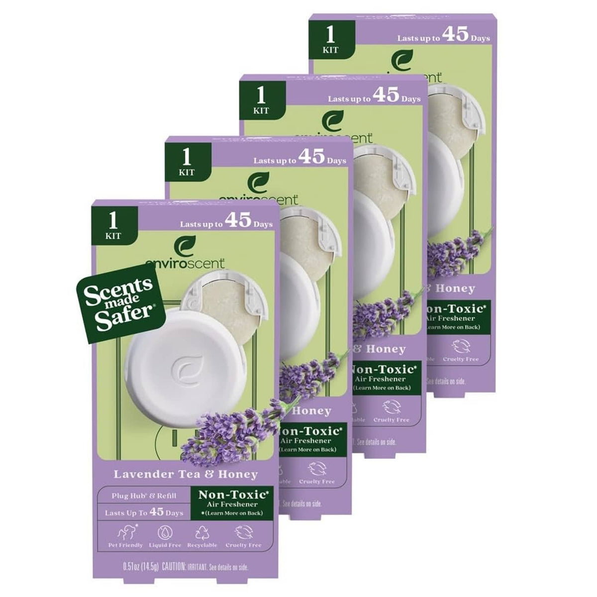 Non-toxic air freshener plug hub kit with lavender tea & honey refills, purple boxes (4-pack)