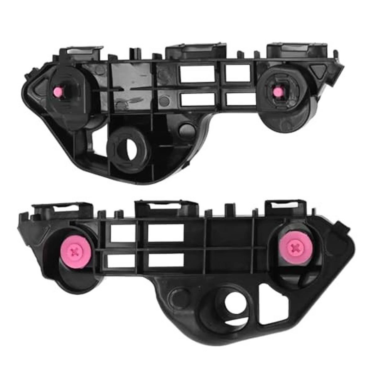 Black front bumper bracket retainers, left/right set with pink screw heads and mounting holes