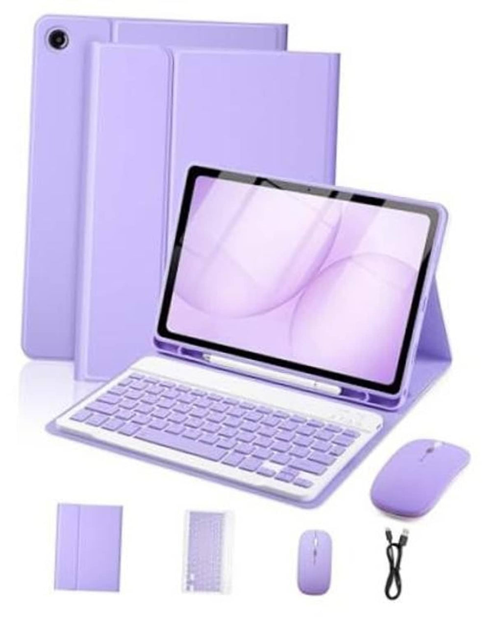 Purple tablet keyboard folio with wireless mouse and USB receiver