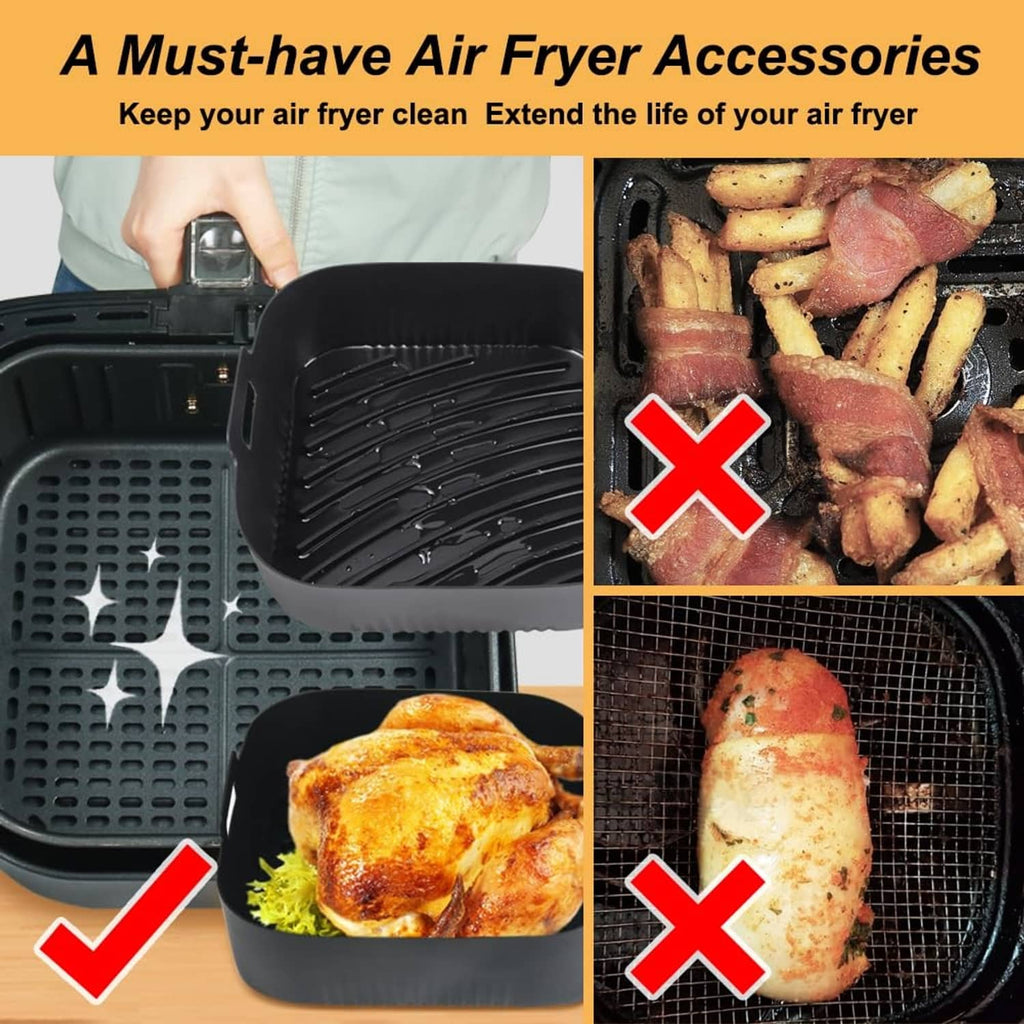 Black silicone air fryer liner basket insert shown with ridged cooking surface