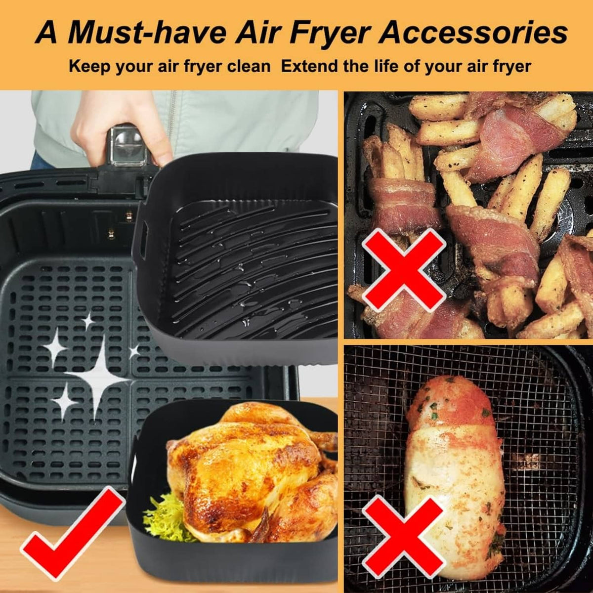 Black silicone air fryer liner basket insert shown with ridged cooking surface