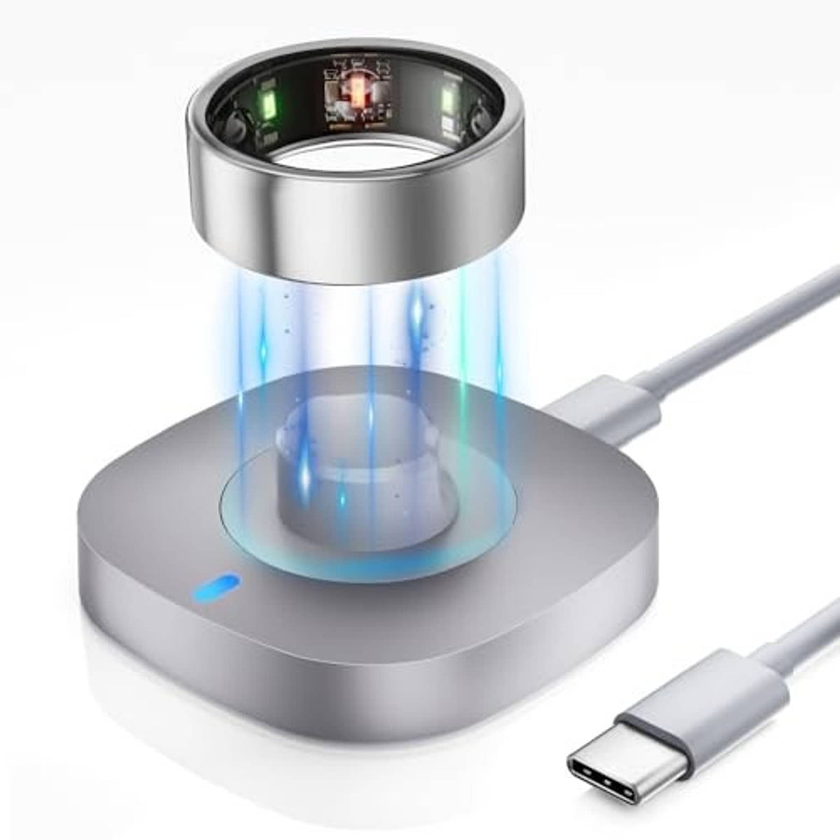 Metal charging dock base with illuminated ring and USB-C cable connection