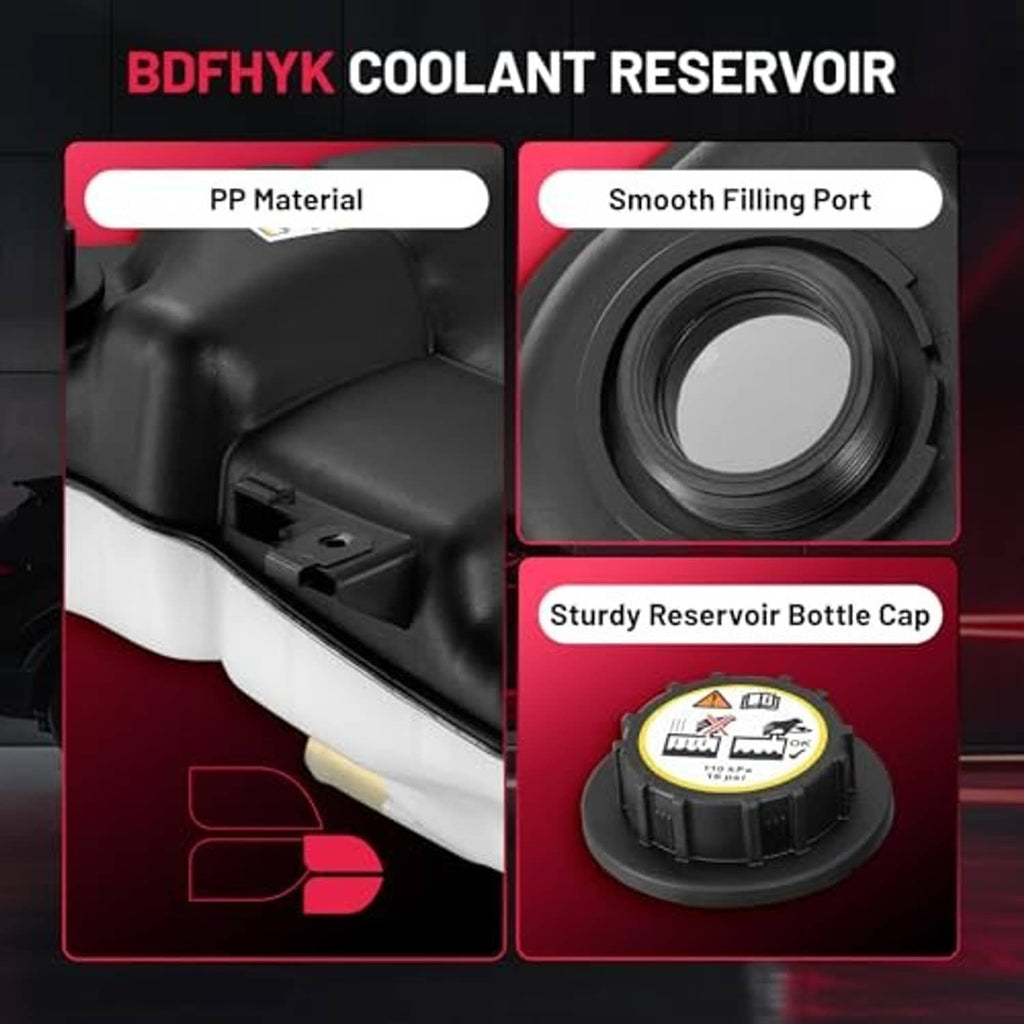 Engine coolant overflow reservoir tank showing smooth filling port and sturdy cap