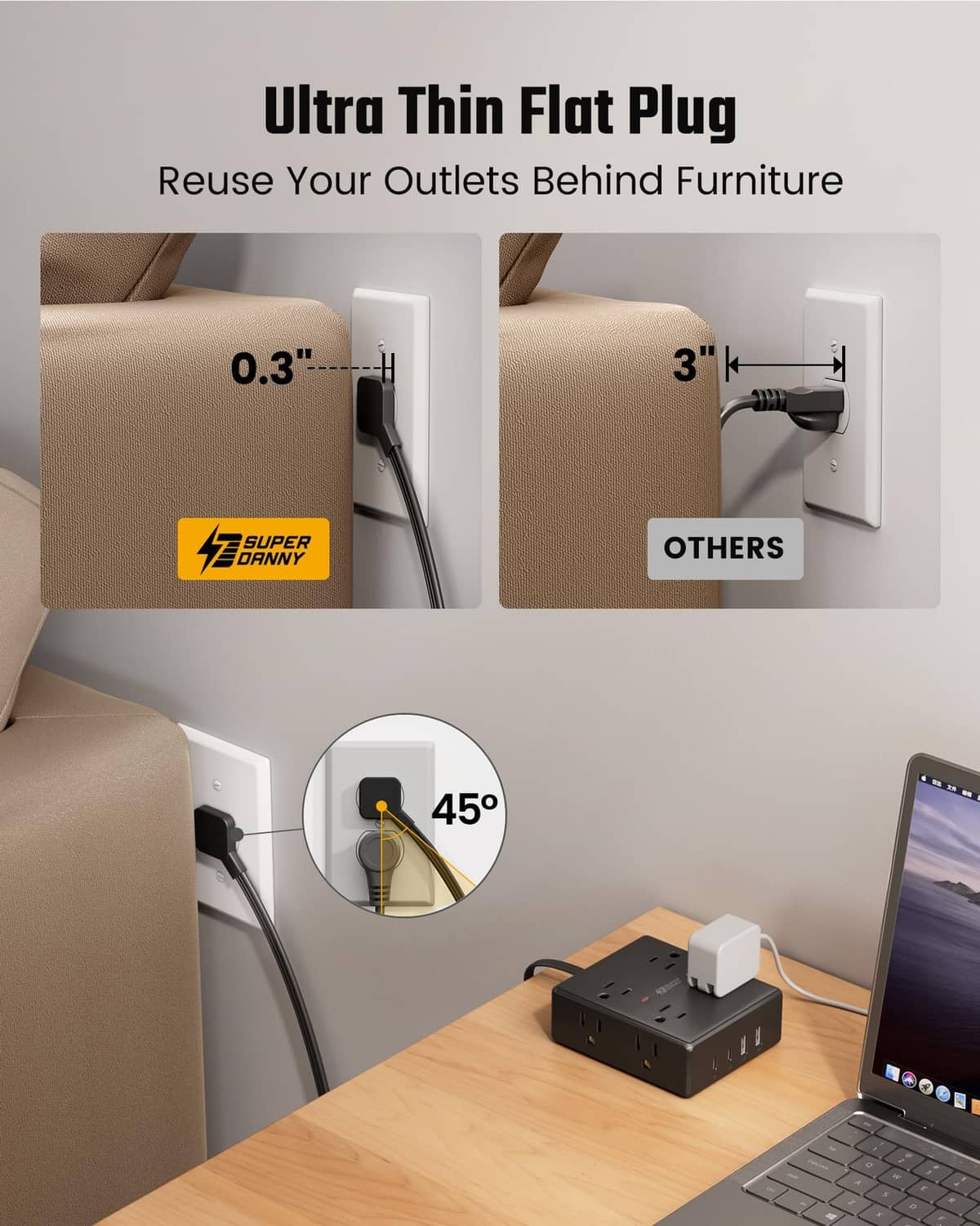 Ultra-thin flat plug extension cord for use behind furniture with black power strip