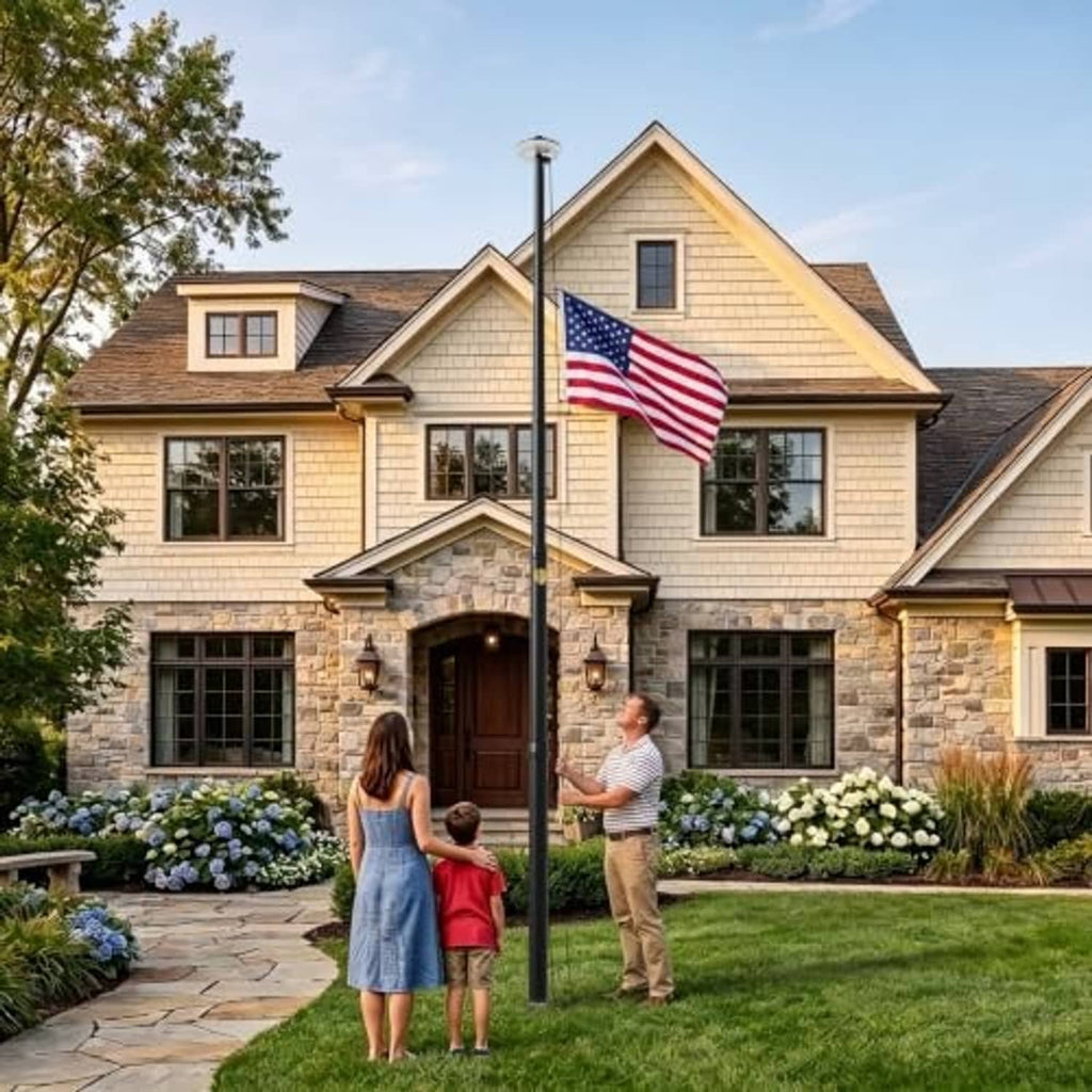 Outdoor flagpole with solar light, black pole holding a waving American flag