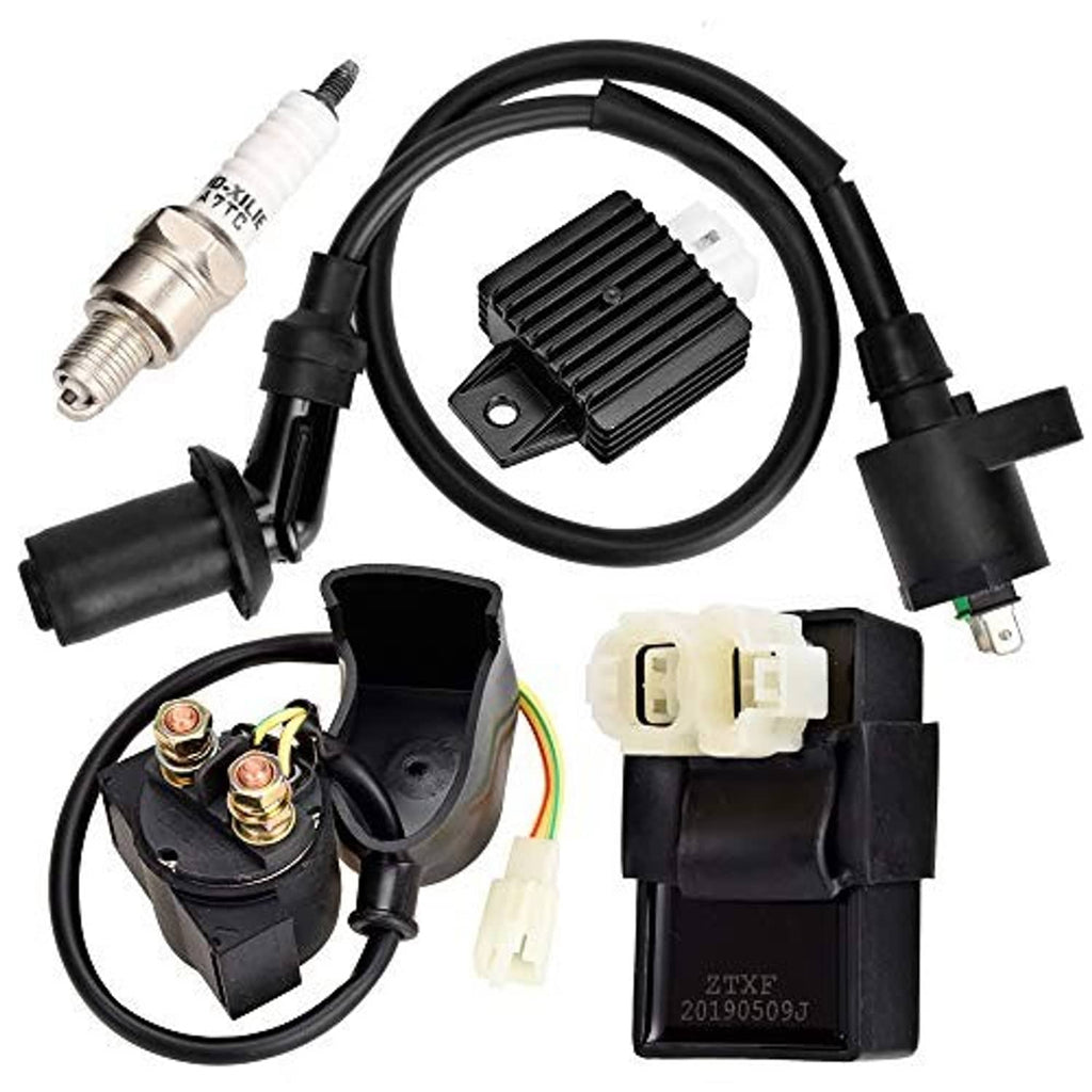 Spark plug with ignition coil, CDI box, and black wire harness, white connectors