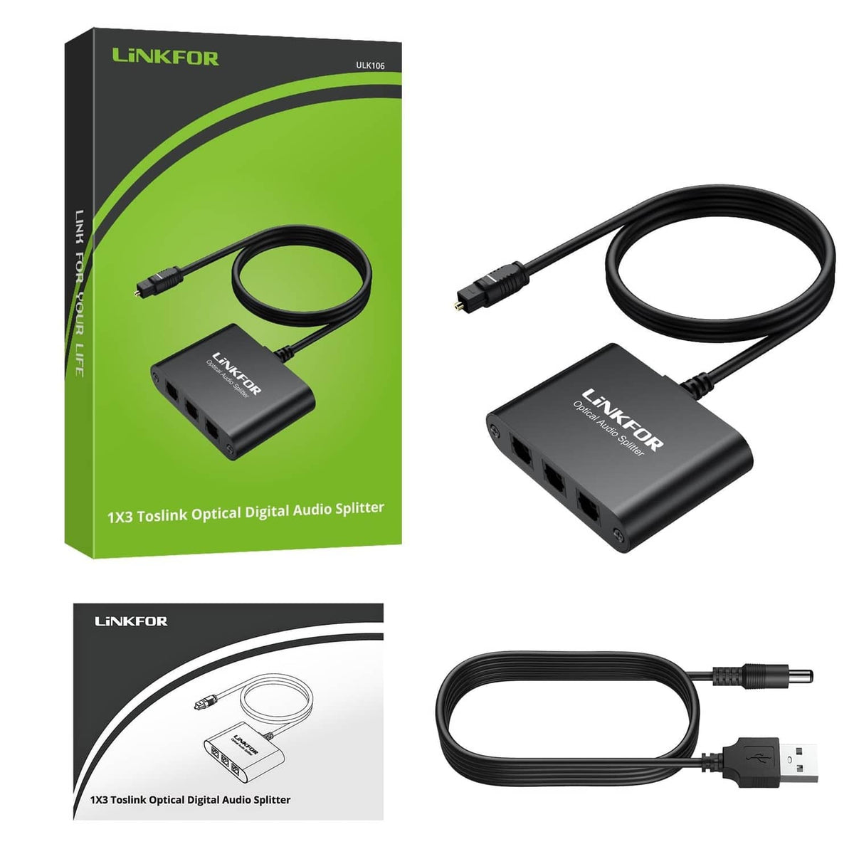 LiNKFOR 1x3 Toslink optical audio splitter kit with box and connected splitter cable