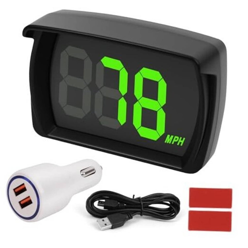 Black HUD speedometer with green digits reading 13 MPH, plus white USB car charger and cable